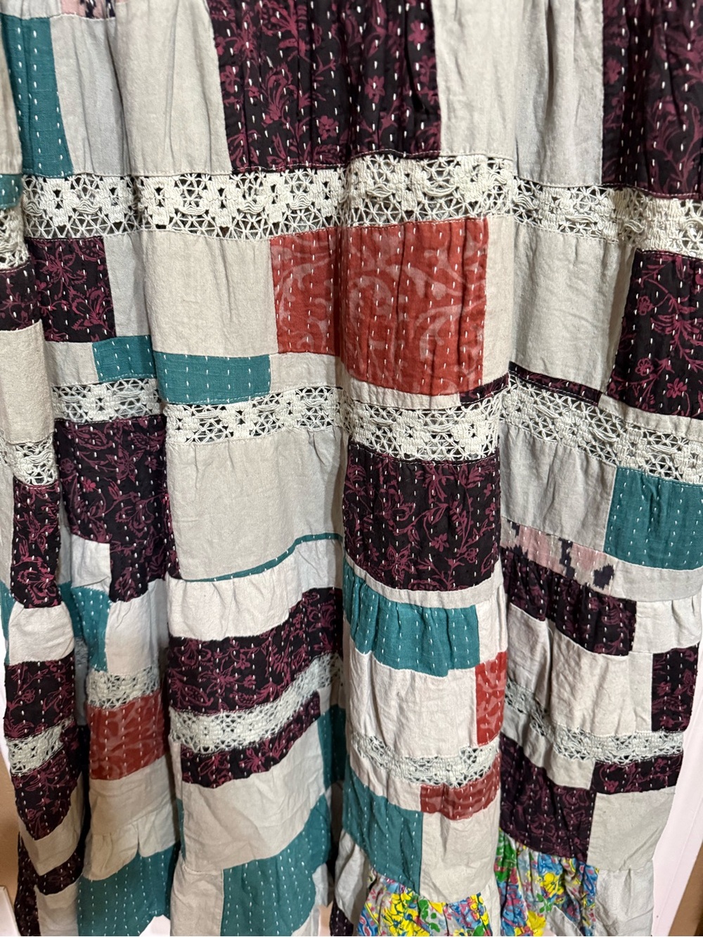 H082 New POL pp21 Patchwork Tiered Maxi Dress in Teal, Navy & Rust - Picture 8 of 13